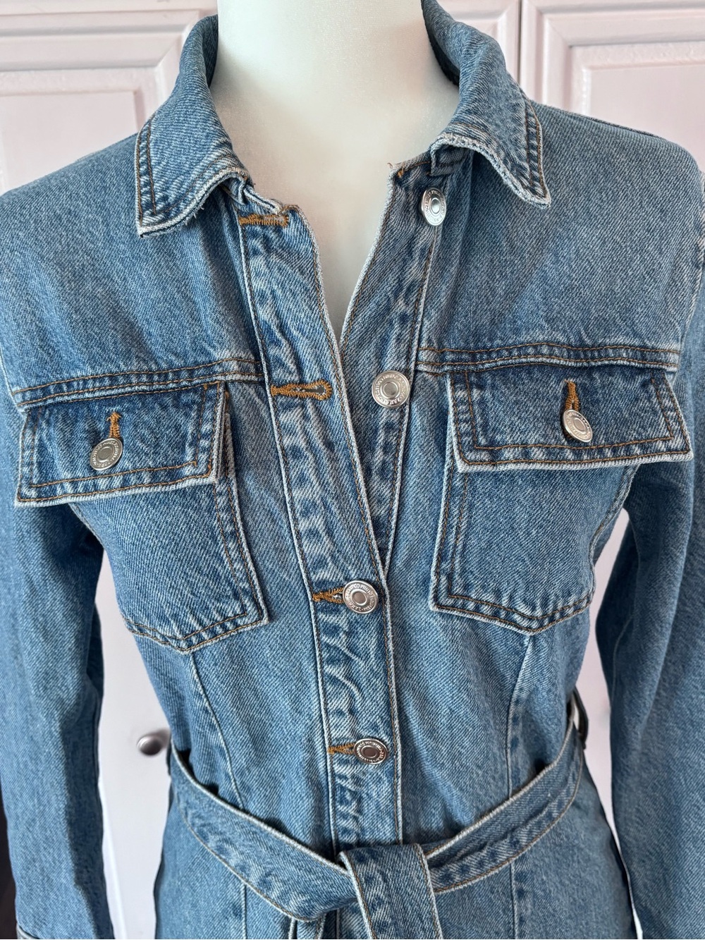 Zara Light Blue Denim Shirt Dress with Logo Tag sz S - Picture 3 of 13